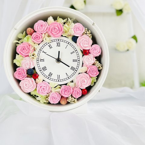 花時計　フラワー時計　バラの時計　バラの花の時計　クレイフラワー　プリザーブド花時計　プレゼントにお祝いに花時計