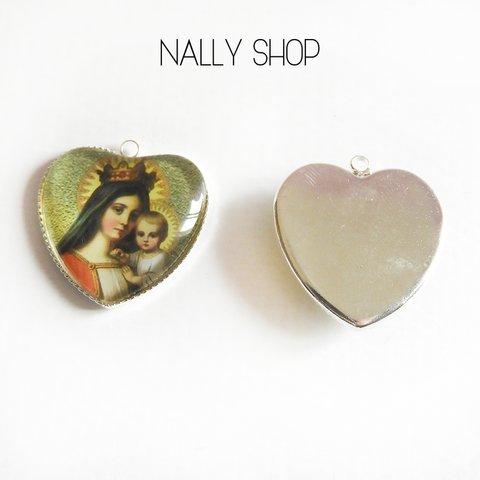 【2個】Virgin Mary & Jesus Big Heart Charm Silver Part.II【M-233】