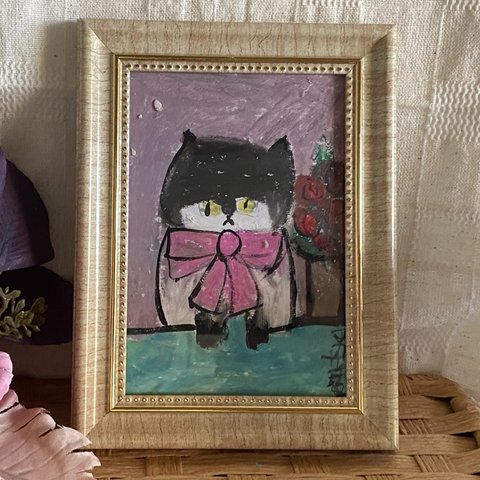 絵画。原画手描き【ピンクの蝶ネクタイをした黒猫ちゃんは赤いバラが好きです】