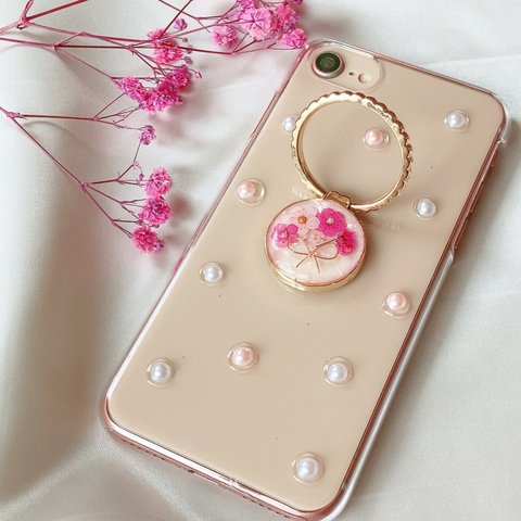 全機種対応　✳︎ピンクブーケのスマホケース✳︎ ゴールドリング　送料無料　iPhoneケース　リング付き　リング　ドライフラワー　かすみ草　Android 花　かわいい　ピンク　韓国　パール　押し花