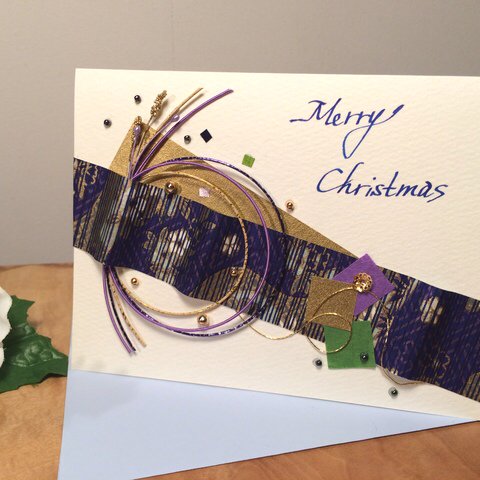 クリスマス　カード　横型　紫　和モダン　手書き文字　「Merry　Christmas」　