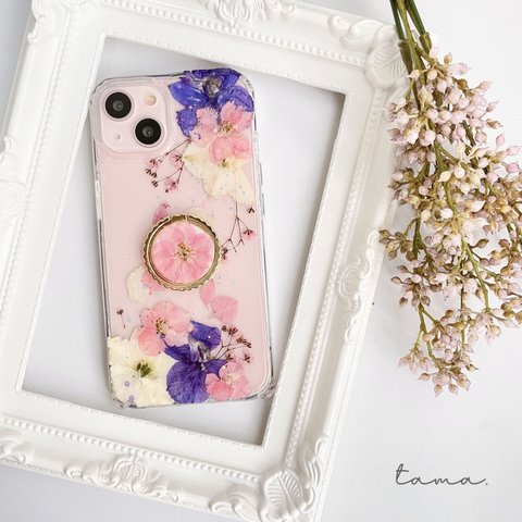 #051 ♥︎送料無料♥︎ 全機種対応　和風千鳥草のスマホケース　スマホリング付き