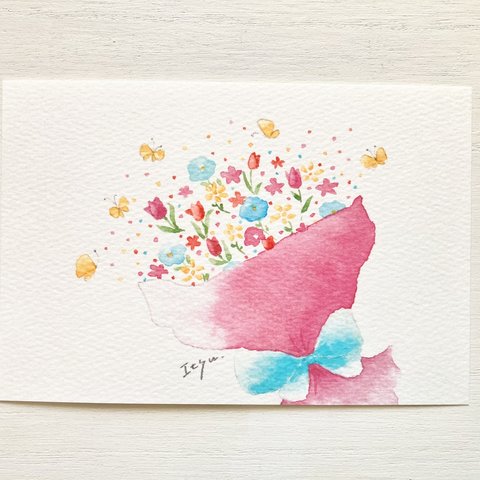 🌸 透明水彩画「幸せの花束」イラストポストカード　バースデーカード ウェディングカード　花　蝶々　ちょうちょ　結婚式　お祝い🌸