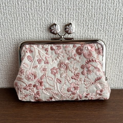 がま口カードケース　インド刺繍リボン　小花ピンク【G-87】