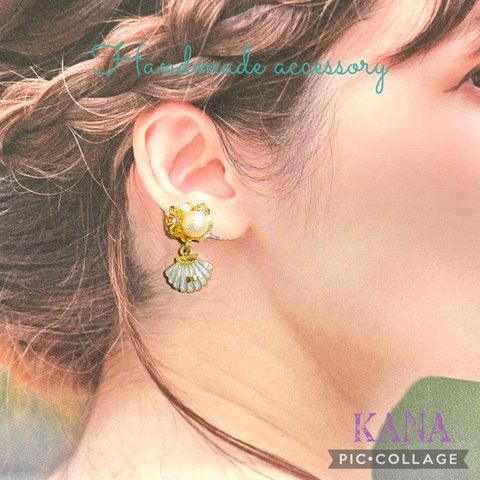 花とパールのアクセサリー❤︎青の貝殻チャーム