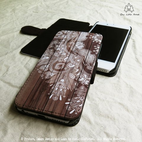 トライバル モチーフ ダーク ウッド　手帳型 iphone ケース [iPhone4/4s～iPhone8 , iPhone8 plus]★ パターン boho ボーホー