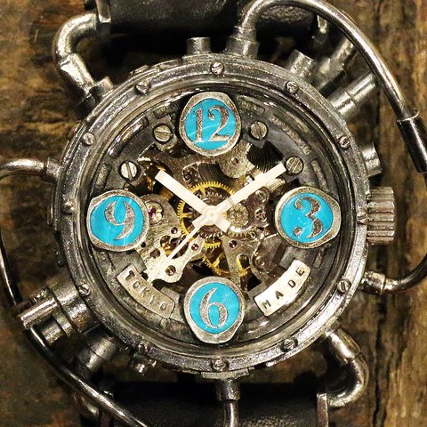 スチームパンク機械式腕時計 クロノマシーン シルバー925 ターコイズブルー 自動巻