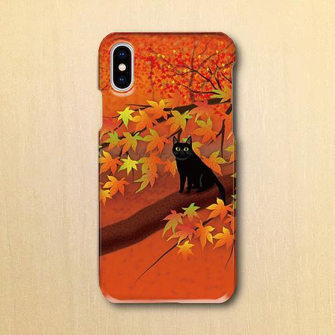 【スマートフォンケース】黒猫と紅葉