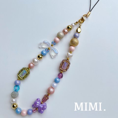 ビーズストラップ🧸🎀スマホストラップ💜ハンドストラップ🟣クラシカルファンシー¨̮*/MIMI. 