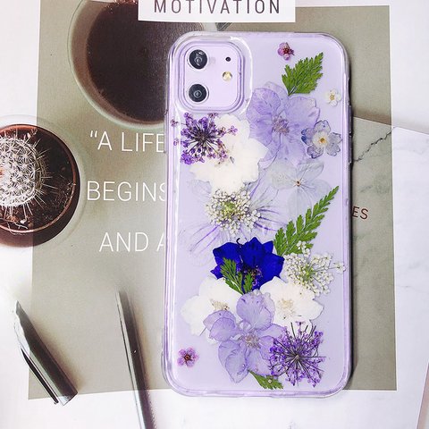 本物の押し花 押しフルーツ デルフィニウム 千鳥草  アジサイ　 ハンドメイド スマホケース iPhoneケース　Galaxyケース