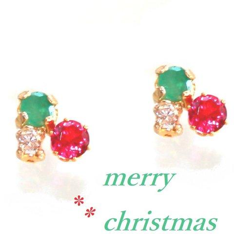 ☆彡Merry Christmas☆彡 k18gp Diamond & Ruby & Emerald Earrings