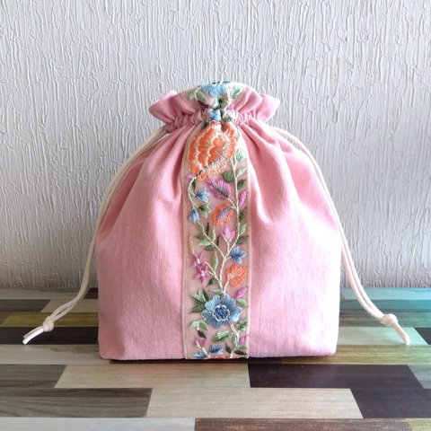 ♡新作♡インド刺繍の巾着ポーチ[ピンク]