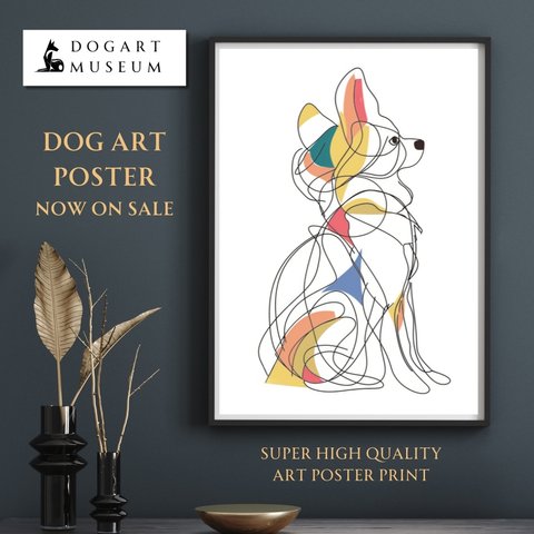 【犬と線 - パピヨン犬 No.2】モダンアートポスター ラインアート 犬の絵 犬の絵画 犬のイラスト