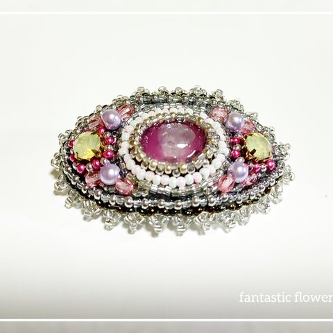 ビーズ刺繍のバレッタ 天然石 レジン ビジュー シルバー【fa2-0288】fantastic flowery