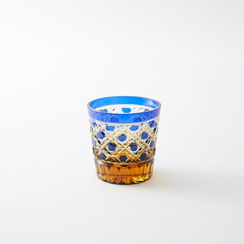 送料無料　江戸切子販売　新品　江戸切子の店　クリスタル琥珀色瑠璃被せミニロックグラス　