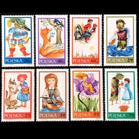 長靴をはいた猫など童話 ポーランド 1968年 外国切手8種 未使用【古切手 素材】