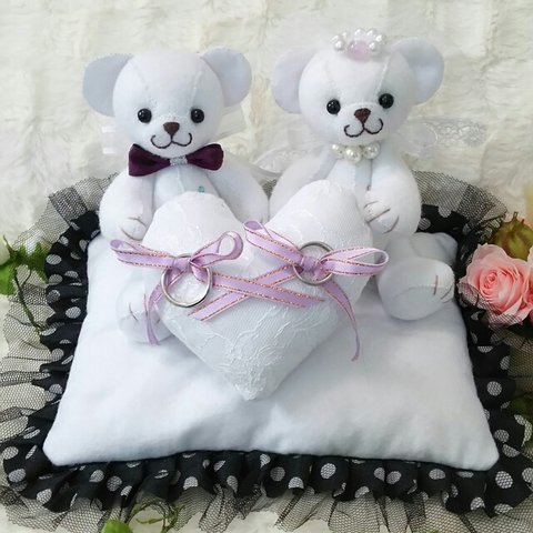 《値下げ❗❗￥10000→￥7000》リングピロー💍ベアー🐻ドットレースクッション