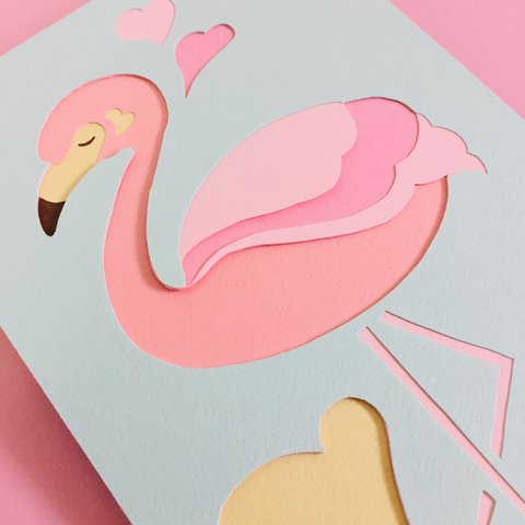 [彫紙アート] ハート ｆｕｌｌ フラミンゴのメッセージカード