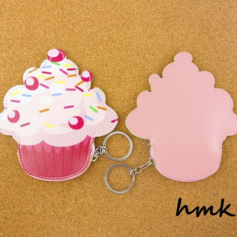 【 Sale！】イラスト風ピンクカップケーキPUレザーポーチ