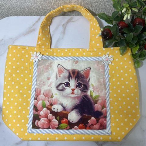 [14] 可愛い猫ちゃん♡ミニトートバッグ・ハンドメイド パネル生地