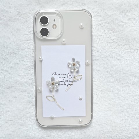 iPhoneケース ハンドメイド お花 フラワー クリア パール