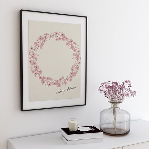桜のリースのポスター　/ i1254 / ミモザ、スイセン、たんぽぽ、ムスカリ、桜、忘れな草など　ボタニカルポスター