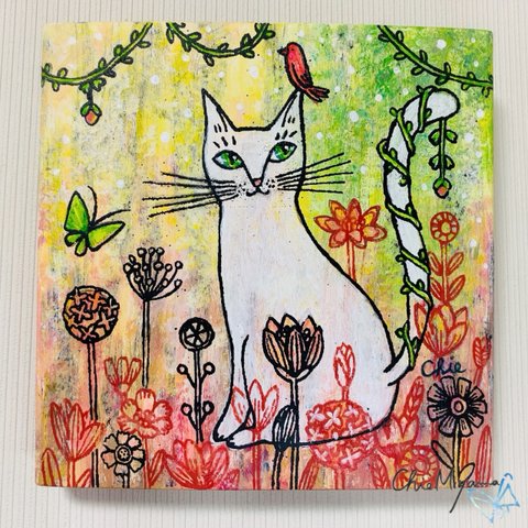 原画 北欧アート『花畑のお散歩』 おしゃれ モダンアート 現代アート ねこ cat 絵画  グリーン ピンク　花の絵