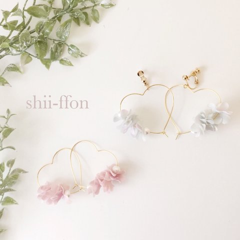 ◎ 小花ハートフープピアス/イヤリング パール