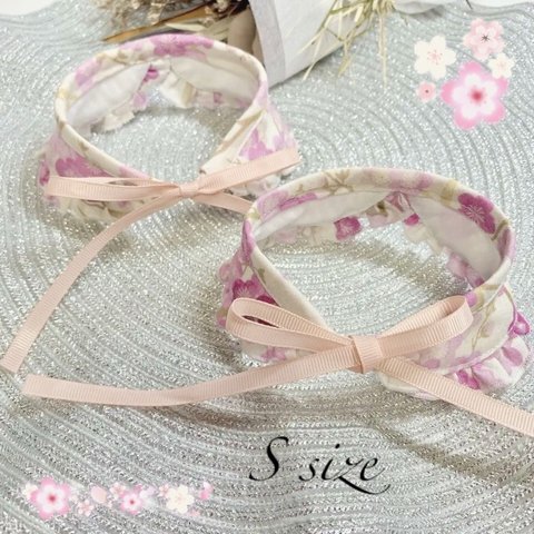 ✨新作✨完成品/小型犬用🌸フリルつけ襟Sサイズ /春コーデ/リボン/桜/桃/梅