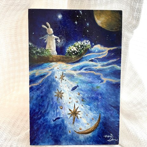 【小さめのアクリル原画】　届け人と白い花　白兎と光る海の絵