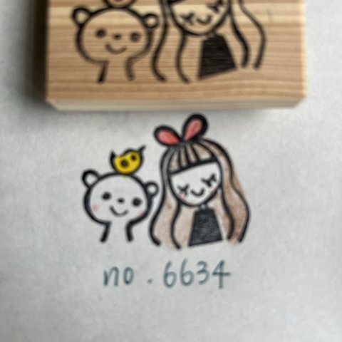 スタンプ　No. 6634女の子のクマと小鳥