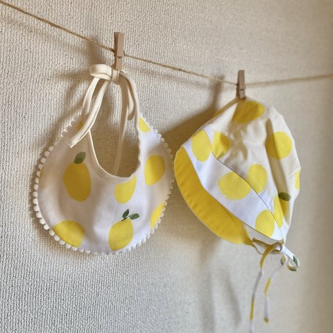 Baby【ボンネット＆スタイ】set 　リバーシブル　レモン🍋　Mサイズ（6〜12ヶ月）