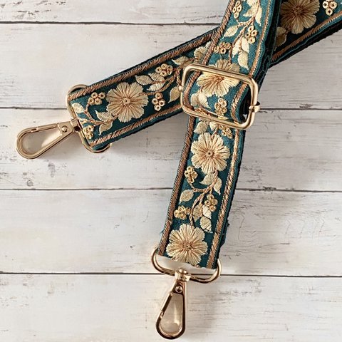 インド刺繍リボン スマホショルダー ショルダーストラップ ショルダーベルト ブルーグリーンゴールド