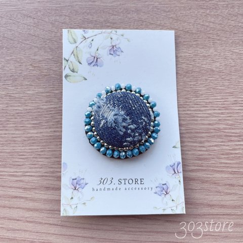 ビーズ刺繍 デニム ヘアゴム インディゴブルー【1118】