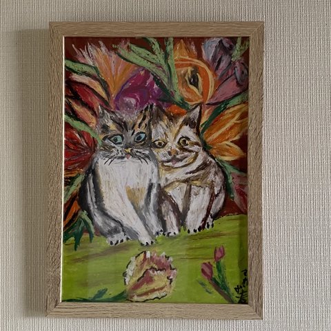 絵画。壁掛け絵原画【花の中から飛び出してきた2匹の猫ちゃん】