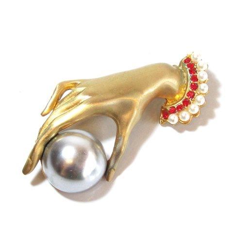 70s Vintage Gold Tone Hand Motif Big Black Pearl Rhinestone Brooch