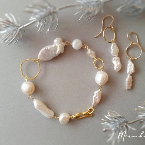 {Vermeil}＊Perle des Blanches＊ランダムパールのホワイトブレスレット2
