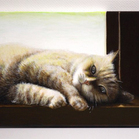 【原画】ひなたぼっこする猫（アクリル画）★猫 動物 かわいい 絵画インテリア プレゼントに