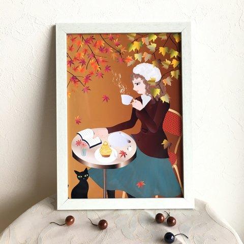 「秋のカフェテラス～紅葉とモンブラン」インテリア絵画ポスター　(絵画プリント＋額装付き)