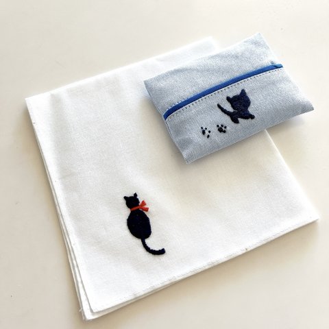 刺繍ハンカチ　ティッシュケースセット【黒ネコ】　20*20