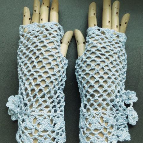 ２０番レース・ネット編み・ハンドウォーマー(水色)手袋*手編み