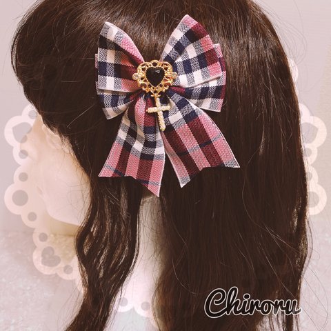 アイドルチェックヘアクリップ ( レッド チェック ) ロリィタ  ロリータ パンク メイド コンカフェ ゴスロリ アンティーク 地雷 量産型 アイドル衣装 プレゼント ヲタ活 ヘアメ 十字架 赤