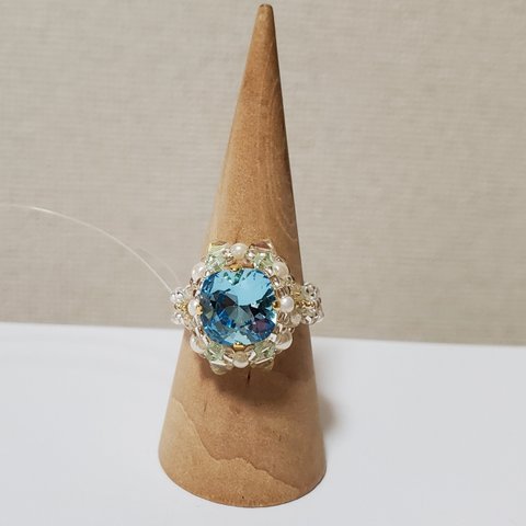 スワロフスキー・アクアマリン・スクエア×メタル・Ring