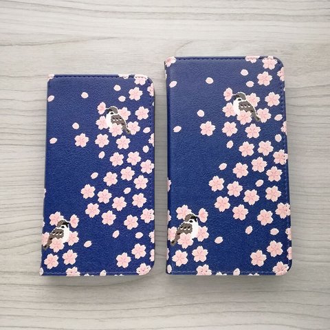 桜と盗蜜スズメ 手帳型スマホケース