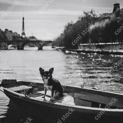 パリのセーヌ川のイメージ、船に乗ったチワワ、レトロ、モノクロ、アート、古びた写真　conistock_57513_02