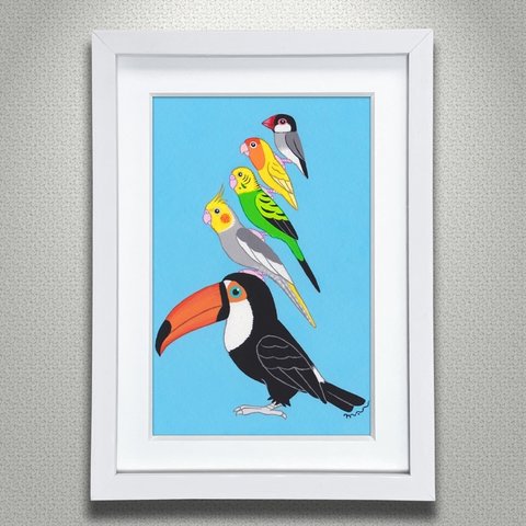 絵本作家の原画「リアルな小鳥ブレーメン ブルー」小鳥/鳥/イラスト/絵/絵画/北欧