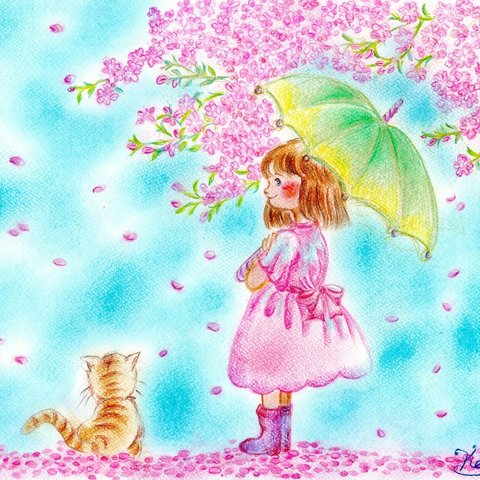 猫ちゃんとお花見（4月カレンダーイラスト）