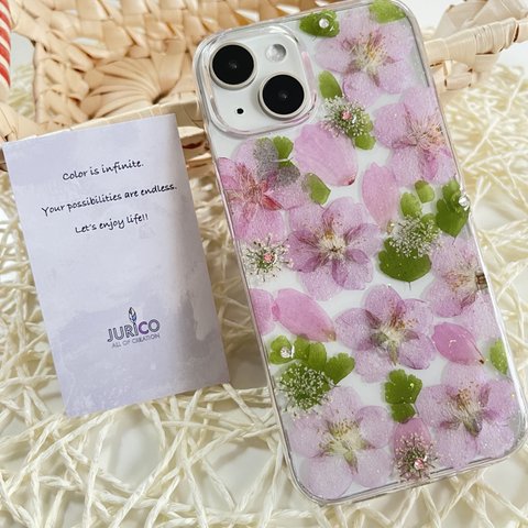 はんなり桜ピンクの押し花スマホケース　全機種対応/iphone/GALAXY/AQUOS/xperia/pixel