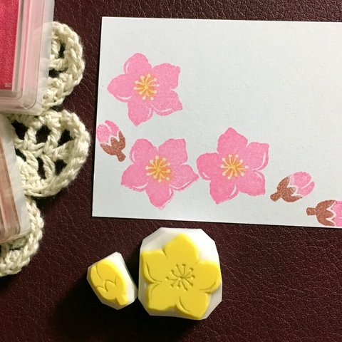 桃の花と蕾の消しゴムはんこセット（持ち手つき）＆押し方見本ミニカード