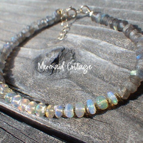 *14kgf*Opal Gem Bracelet オパールとラブラドライトのブレスレット☆アジャスター